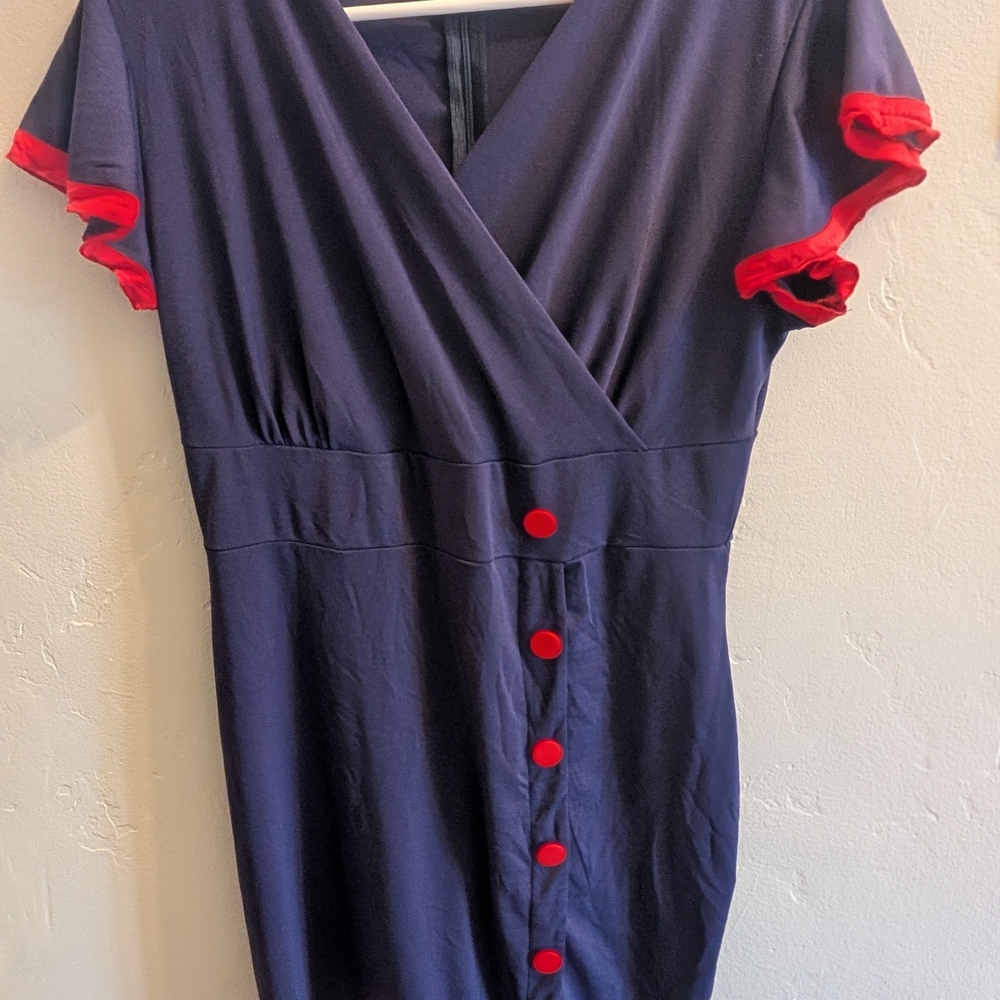 Vintage Style Pinup Navy and Red Buttoned Dress